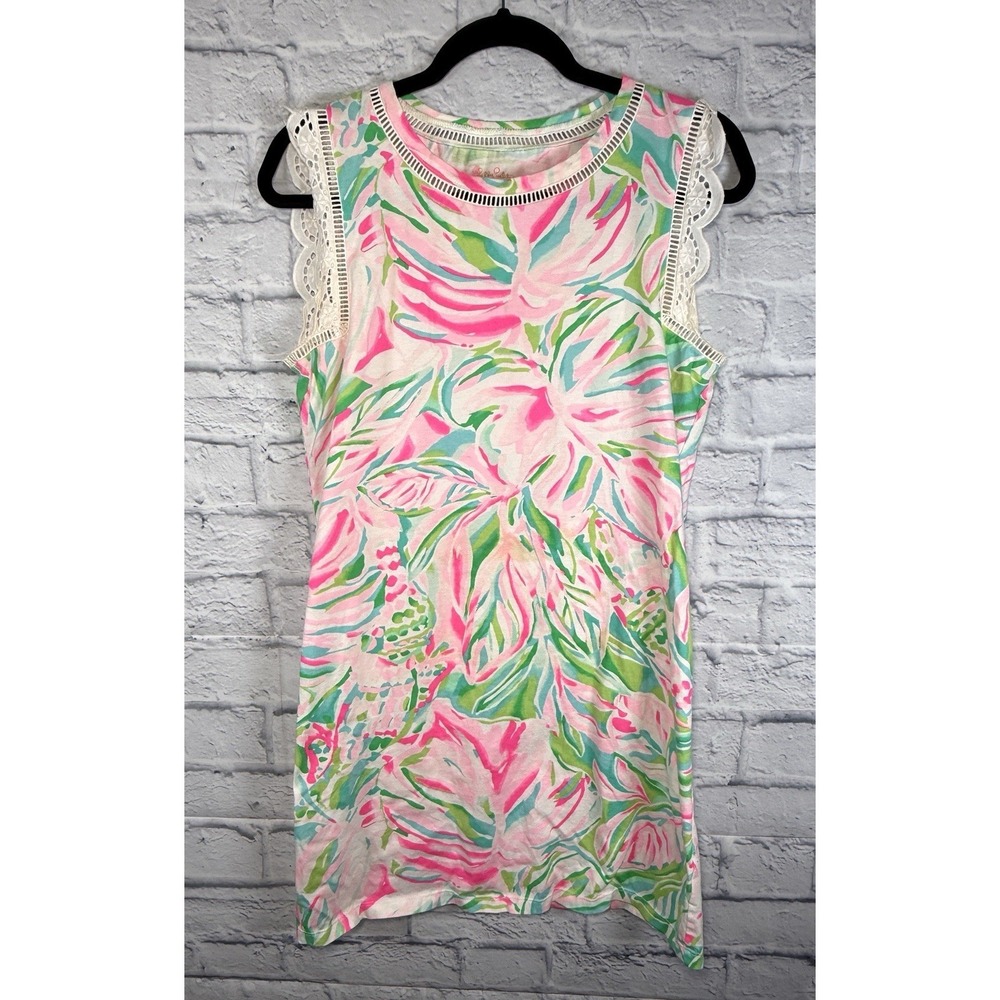 Lilly Pulitzer Dress Agee MEDIUM Pink Floral Croc My World Sleeveless Beach
